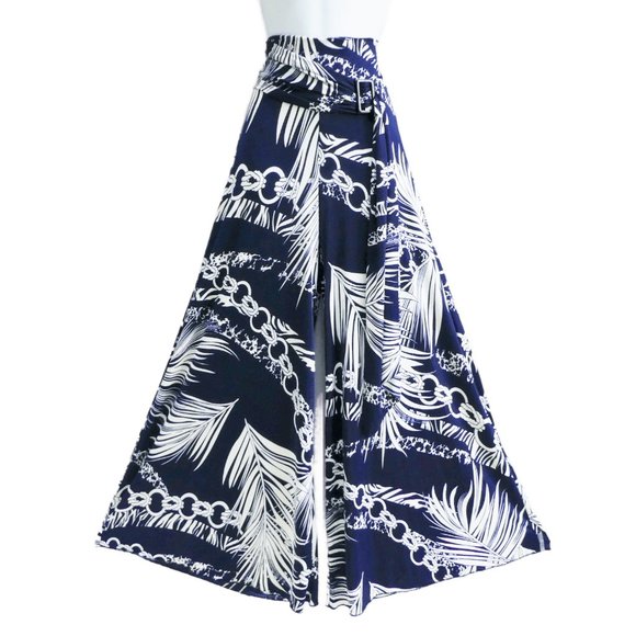 Modern Touch Pants - Resort Wear Navy Palazzo Pants NEW High Waist Ruched Tie Buckle Flare White L
